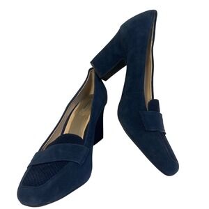 Alex Marie Navy Blue Suede Leather Block Heel Loafer Pumps Shoes 10